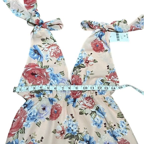 Forever 21 Women’s Peach Mulitcolor Floral V-Neck Tie Shoulder Top, Size 2, NWT - Picture 8 of 10